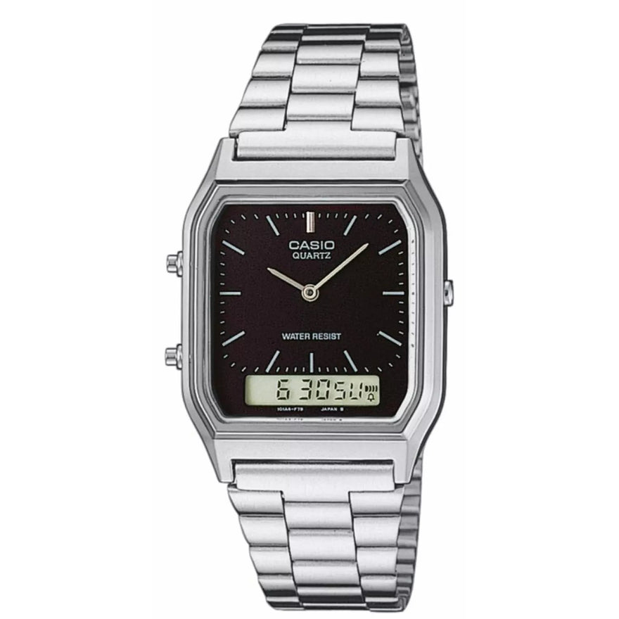 Casio Vintage AQ-230A-1DMQYES ana-digi herrklocka med svart urtavla och armband i rostfritt stål