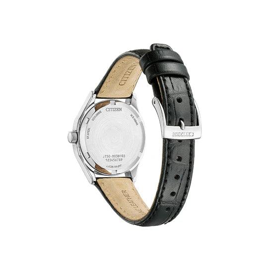 Citizen Eco-Drive FE2110-14E analog damklocka med svart urtavla och armband i läder