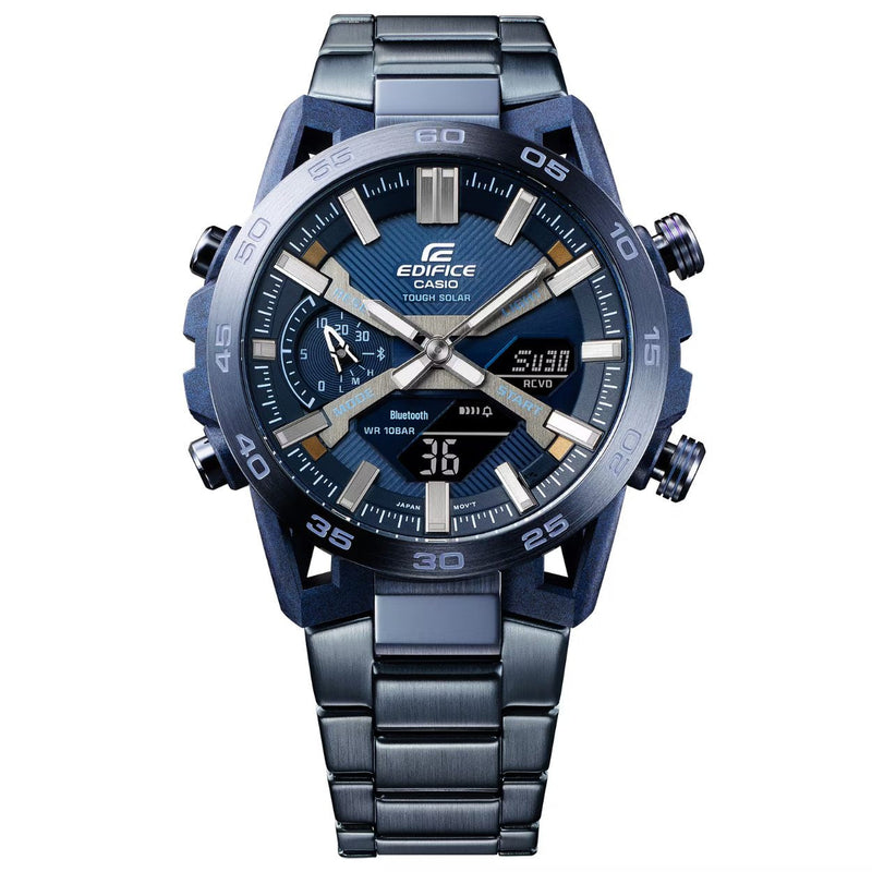Casio Edifice ECB-2000CB-2AEF analog herrklocka med blå urtavla och armband i rostfritt stål