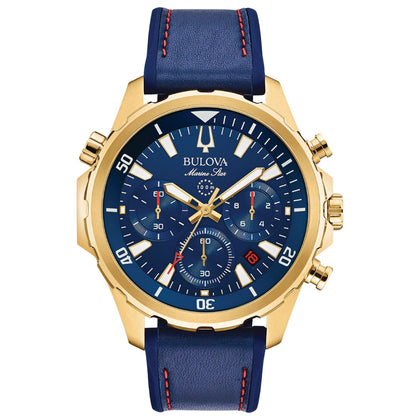Bulova Marine Star 97B168 analog herrklocka med mörk blå urtavla och armband i skinn