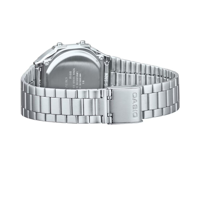 Casio Vintage A168WEM-2BEF digital herrklocka med blå urtavla och armband i rostfritt stål