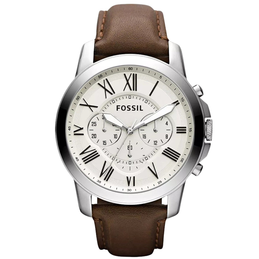 Fossil Grant Chronograph FS4735 analog herrklocka med vit urtavla och armband i läder