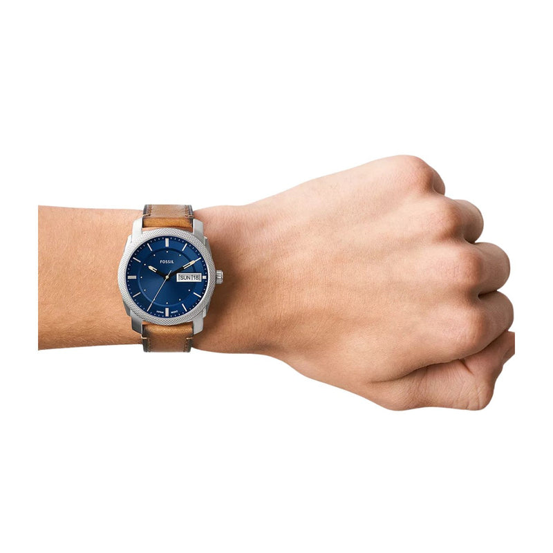 Fossil Machine FS5920 analog herrklocka med blå urtavla och armband i läder