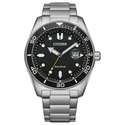 Citizen Marine Eco-Drive AW1760-81E analog herrklocka med svart urtavla och armband i rostfritt stål