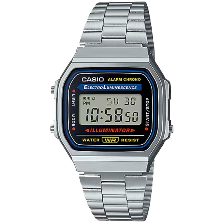 Casio Vintage A168WA-1YES digital herrklocka med svart urtavla och armband i rostfritt stål