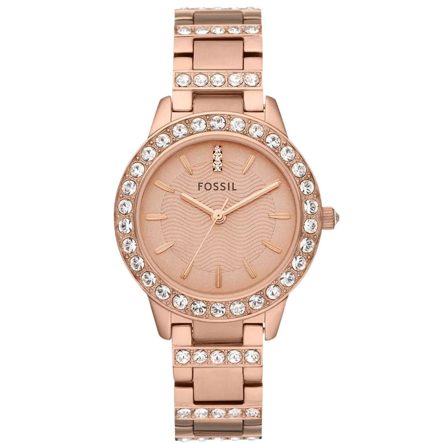 Fossil Jesse ES3020 analog damklocka med roséguld urtavla och armband i rostfritt stål