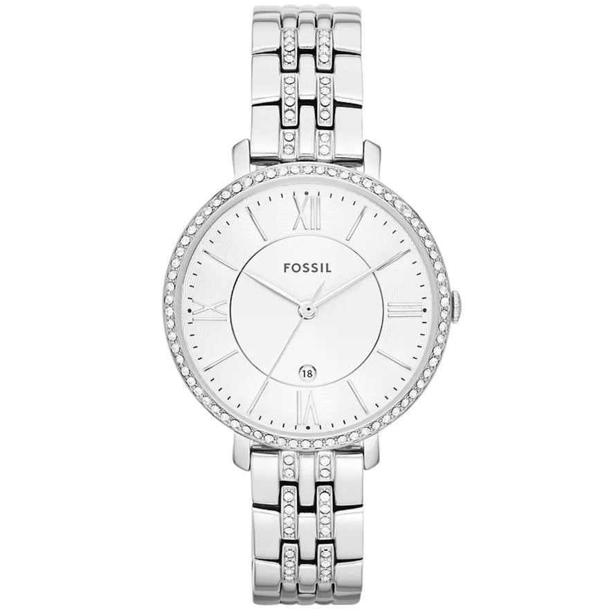 Fossil Jacqueline ES3545 analog damklocka med vit urtavla och armband i rostfritt stål
