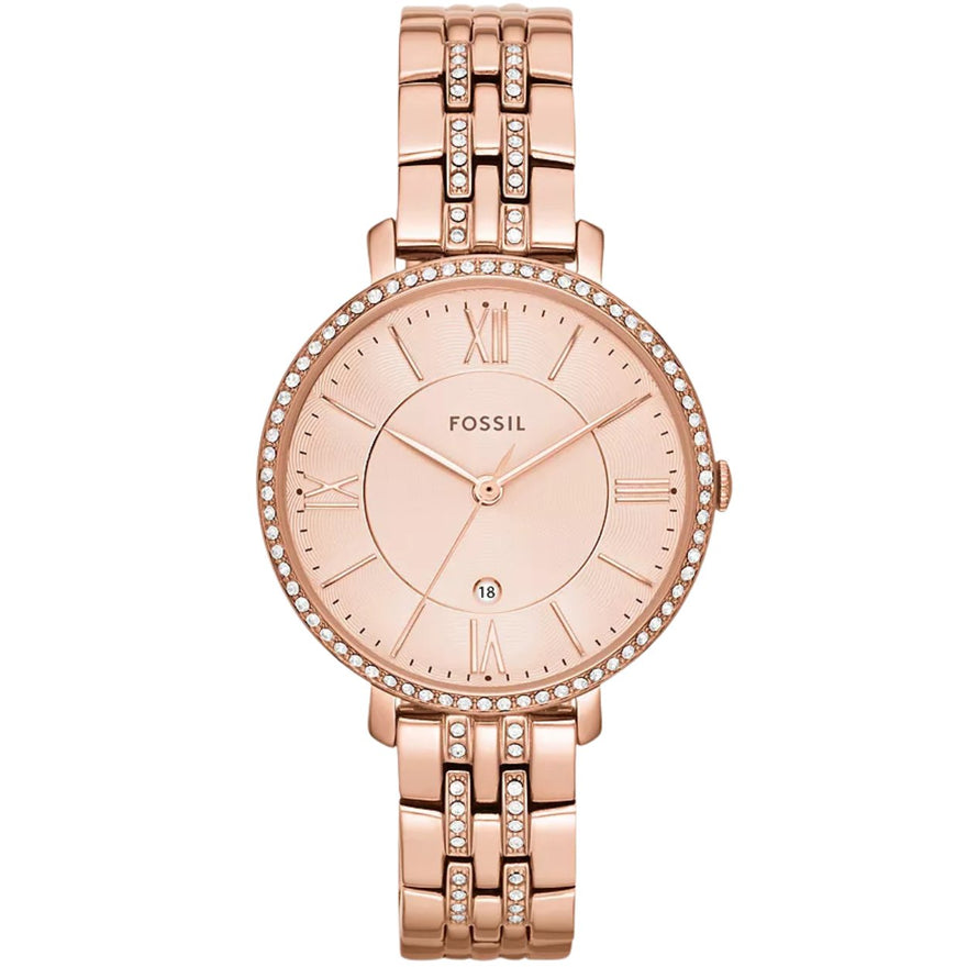Fossil Jacqueline ES3546 analog damklocka med roséguld urtavla och armband i rostfritt stål