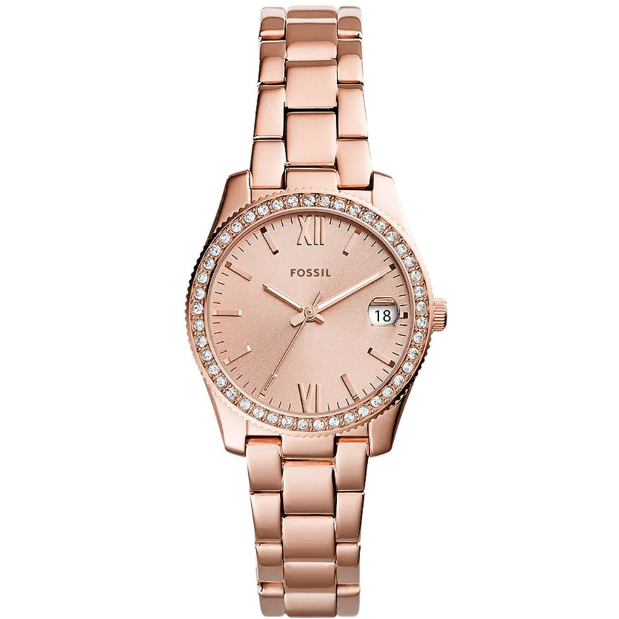 Fossil Scarlette Mini ES4318 analog damklocka med roséguld urtavla och armband i rostfritt stål