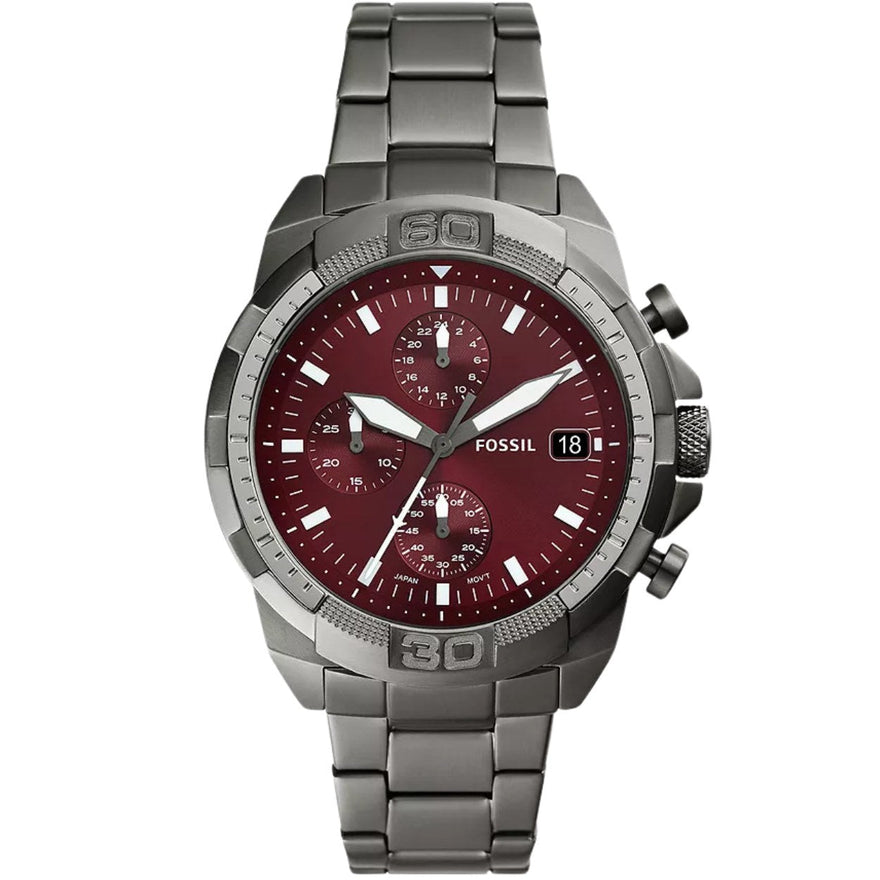 Fossil Bronson Chronograph FS6017 analog herrklocka med rött urtavla och armband i rostfritt stål