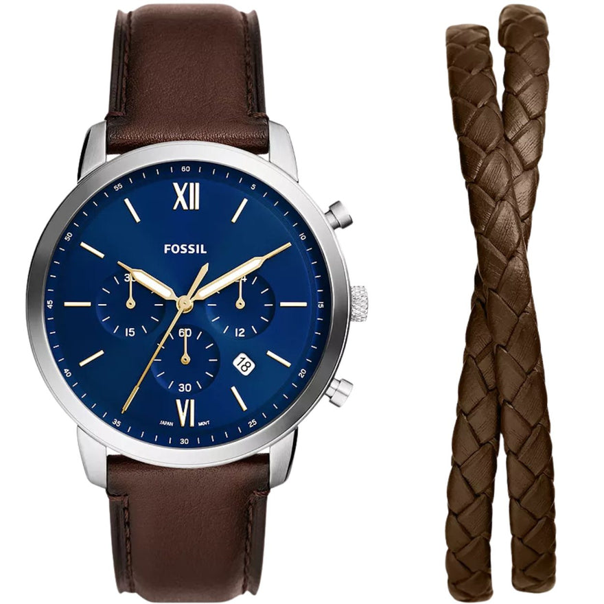 Fossil Neutra Chronograph SET FS6018SET analog herrklocka med mörk blå urtavla och armband i läder