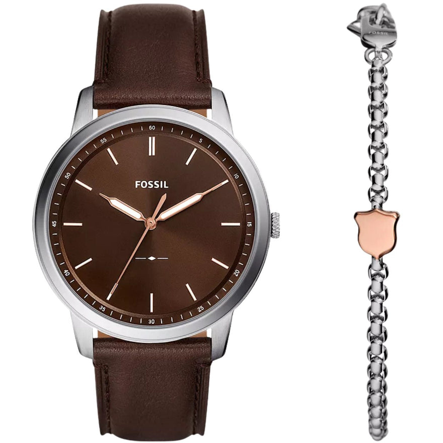 Fossil Minimalist FS6019SET analog herrklocka med brun urtavla och armband i läder