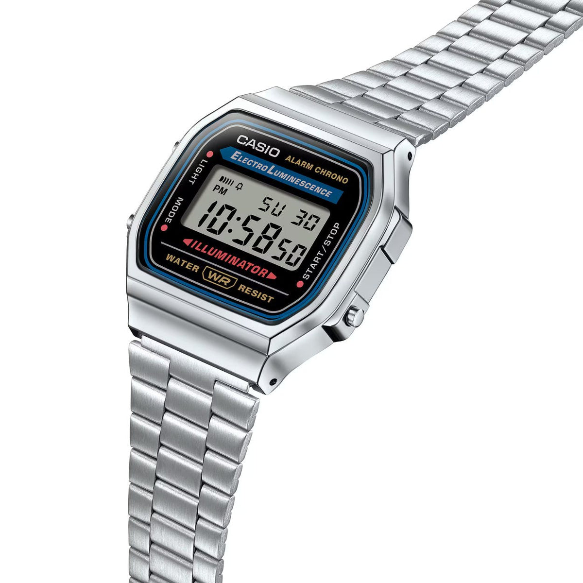 Casio Vintage A168WA-1YES digital herrklocka med svart urtavla och armband i rostfritt stål