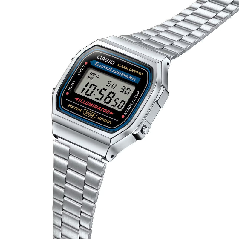 Casio Vintage A168WA-1YES digital herrklocka med svart urtavla och armband i rostfritt stål