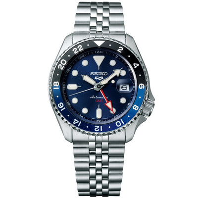 Seiko 5 Sports GMT SSK003K1 analog herrklocka med blå urtavla och armband i rostfritt stål