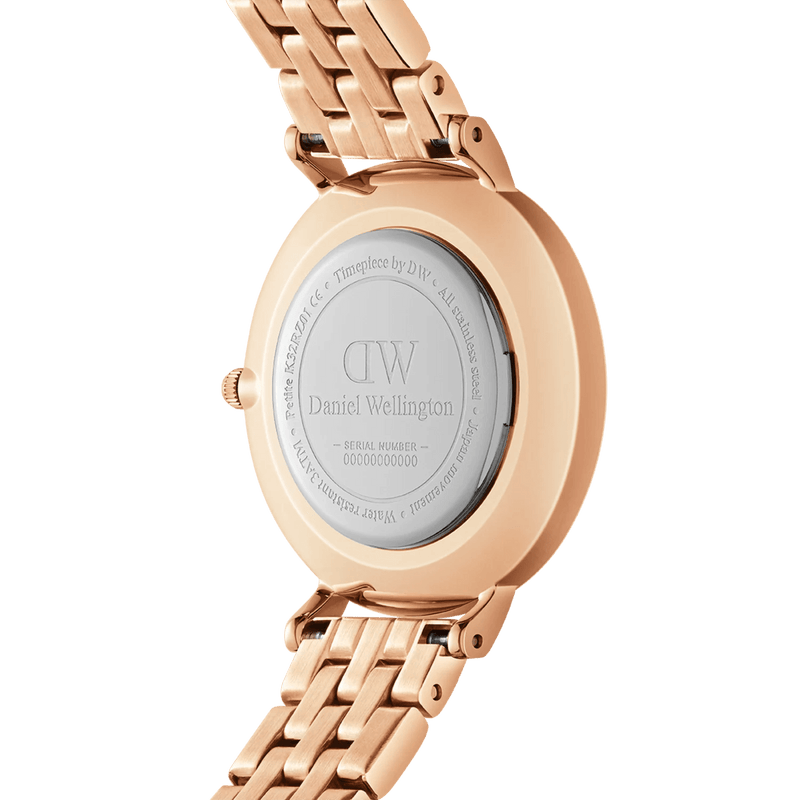 Daniel Wellington Petite Lumine 5-Link Melrose analog damklocka med rosa urtavla och armband i rostfritt stål