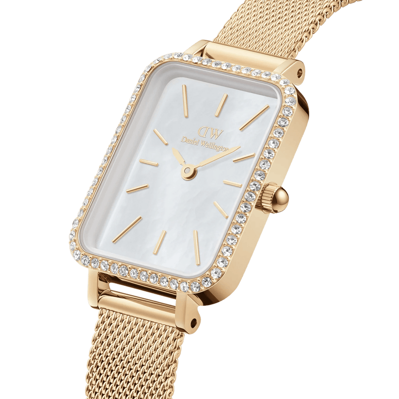 Daniel Wellington Quadro Lumine Bezel Evergold MOP analog damklocka med vit urtavla och armband i rostfritt stål
