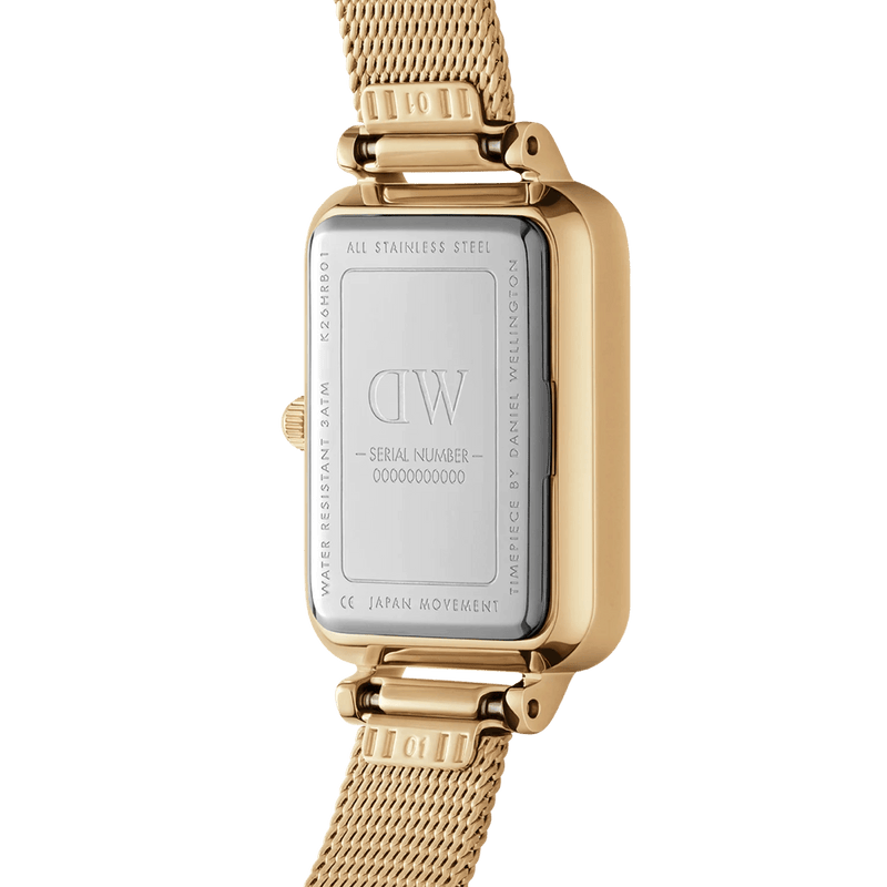 Daniel Wellington Quadro Lumine Bezel Evergold MOP analog damklocka med vit urtavla och armband i rostfritt stål