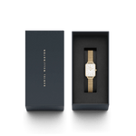 Daniel Wellington Quadro Lumine Bezel Evergold MOP analog damklocka med vit urtavla och armband i rostfritt stål