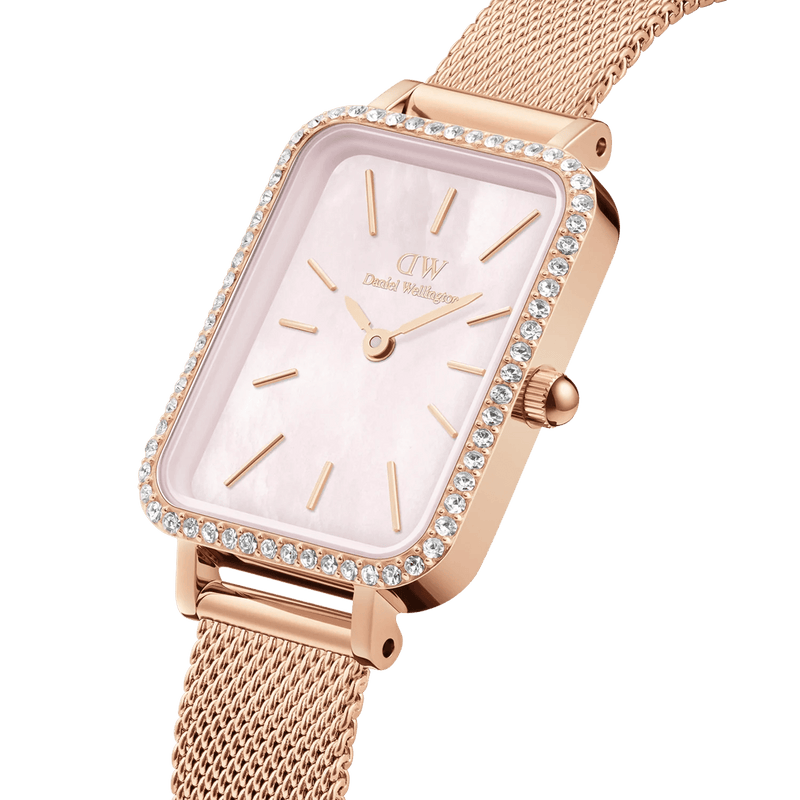Daniel Wellington Quadro Lumine Bezel Melrose Pink MOP analog damklocka med rosa urtavla och armband i rostfritt stål