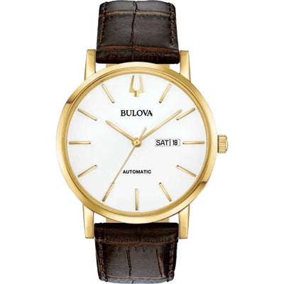 Bulova Classic Automatic 97C107 analog herrklocka med vit urtavla och armband i läder