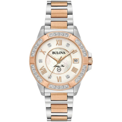 Bulova Marine Star Diamond 98R234 analog damklocka med vit urtavla och armband i rostfritt stål