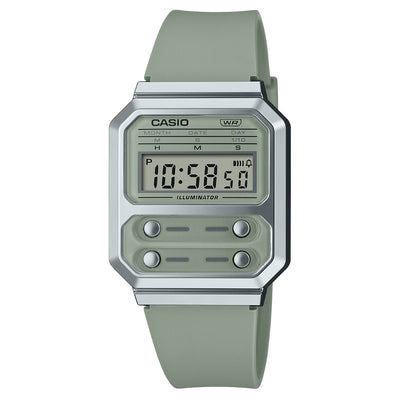 Casio Vintage A100WEF-3AEF digital unisexklocka med grå urtavla och armband i resin