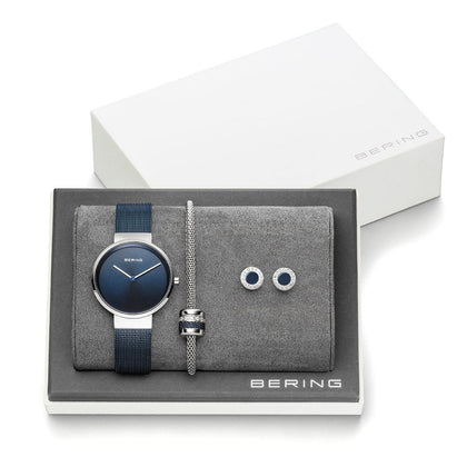 Bering Gift Set Blue analog damklocka med blå urtavla och armband i rostfritt stål