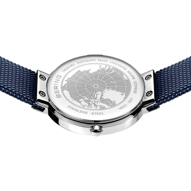 Bering Gift Set Blue analog damklocka med blå urtavla och armband i rostfritt stål