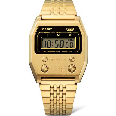 Casio Vintage A1100G-5EF digital herrklocka med guld urtavla och armband i rostfritt stål