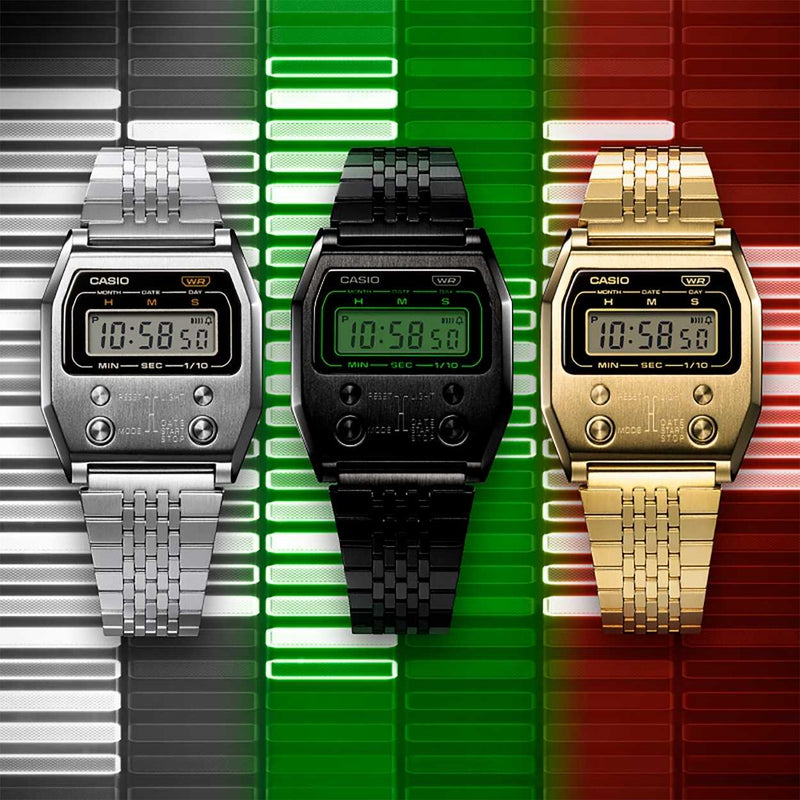 Casio Vintage A1100G-5EF digital herrklocka med guld urtavla och armband i rostfritt stål