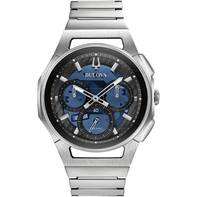 Bulova Curv 96A205 analog herrklocka med blå urtavla och armband i rostfritt stål