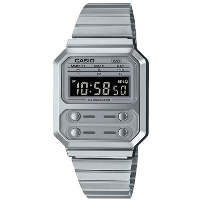 Casio Vintage A100WE-7BEF digital unisexklocka med grå urtavla och armband i rostfritt stål