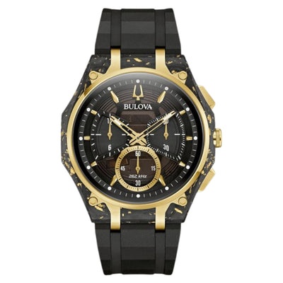 Bulova Curve Forged Carbon Anniversary 98A328 analog herrklocka med svart urtavla och armband i gummi