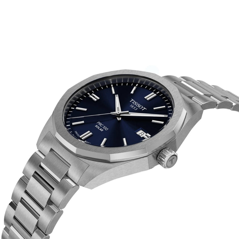 Tissot PRC 100 Solar T151.422.11.041.00 analog herrklocka med blå urtavla och armband i rostfritt stål