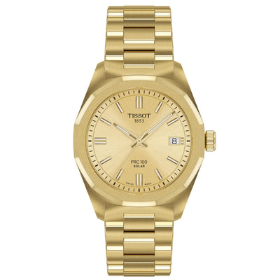 Tissot PRC 100 Solar T151.822.33.021.00 analog damklocka med guld urtavla och armband i rostfritt stål