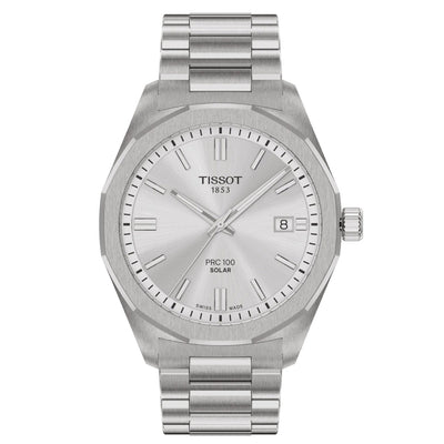 Tissot PRC 100 Solar T151.422.11.031.00 analog herrklocka med silver urtavla och armband i rostfritt stål