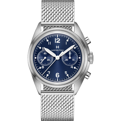 Hamilton Khaki Aviation Pilot Pioneer H76409140 analog herrklocka med blå urtavla och armband i rostfritt stål