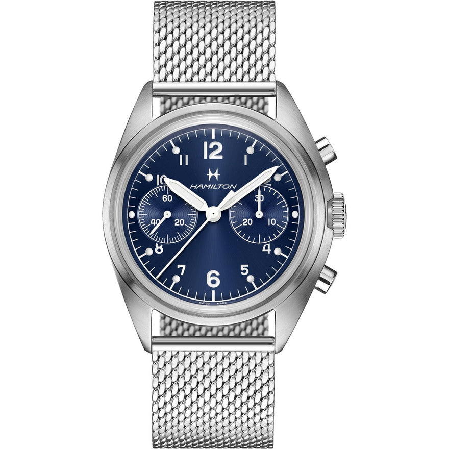 Hamilton Khaki Aviation Pilot Pioneer H76409140 analog herrklocka med blå urtavla och armband i rostfritt stål