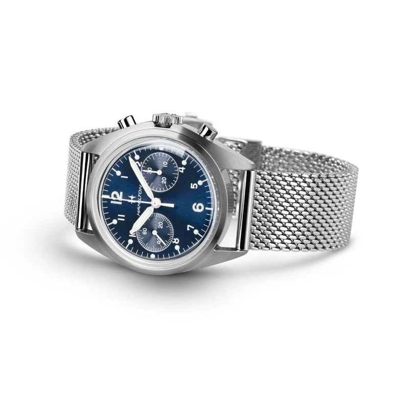 Hamilton Khaki Aviation Pilot Pioneer H76409140 analog herrklocka med blå urtavla och armband i rostfritt stål