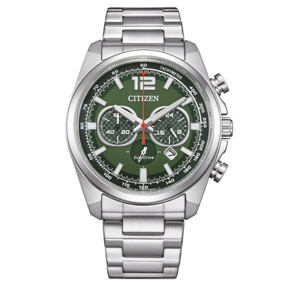 Citizen Eco-Drive Chronograph CA4640-50X analog herrklocka med grön urtavla och armband i rostfritt stål