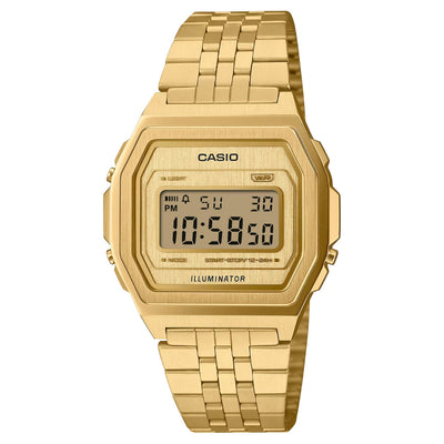 Casio Vintage A1000G-9EF digital herrklocka med guld urtavla och armband i rostfritt stål