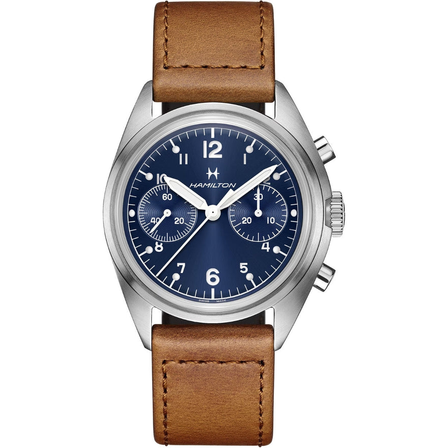 Hamilton Khaki Aviation Pioneer H76409540 analog herrklocka med blå urtavla och armband i läder