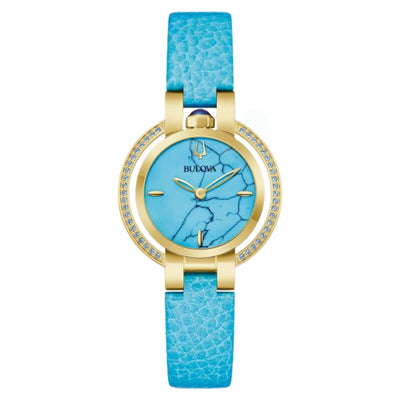 Bulova Rubaiyat 97R104 analog damklocka med blå urtavla och armband i läder