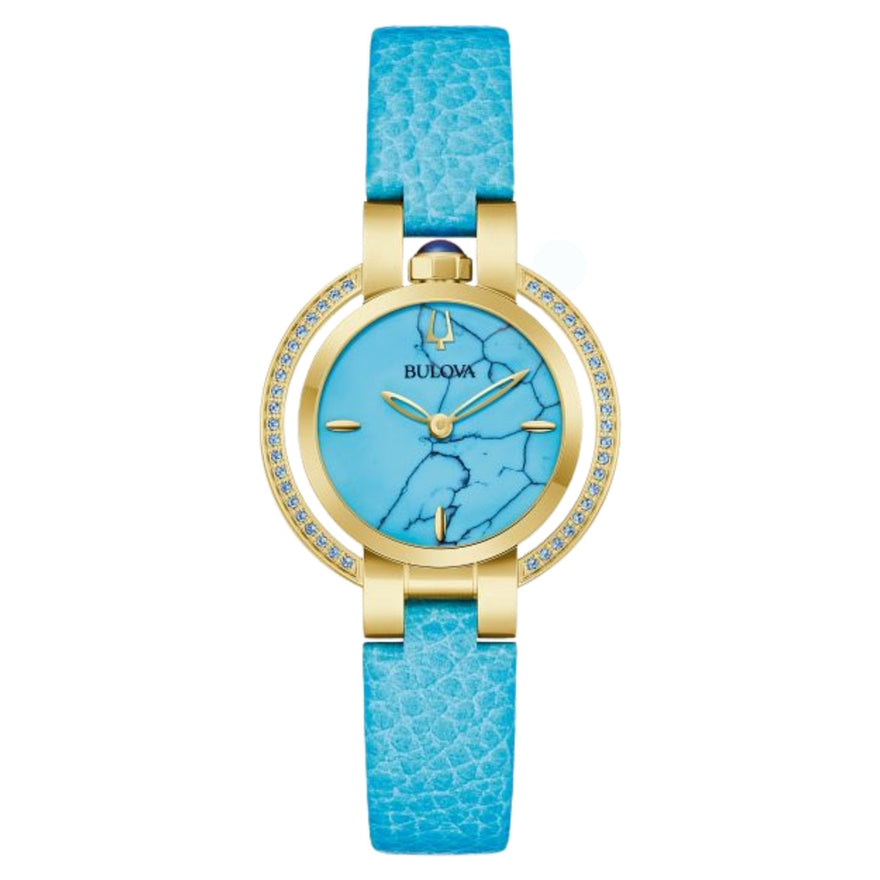 Bulova Rubaiyat 97R104 analog damklocka med blå urtavla och armband i läder