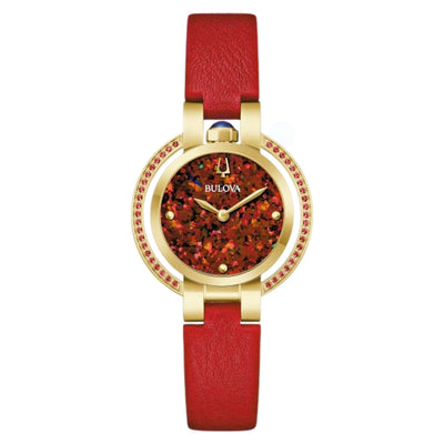 Bulova Rubaiyat Autumn 97R105 analog damklocka med rött urtavla och armband i läder