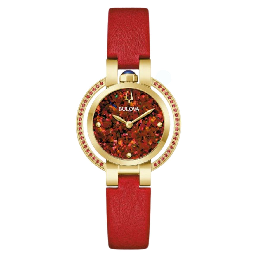 Bulova Rubaiyat Autumn 97R105 analog damklocka med rött urtavla och armband i läder