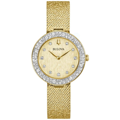 Bulova Crystal 98L321 analog damklocka med guld urtavla och armband i rostfritt stål