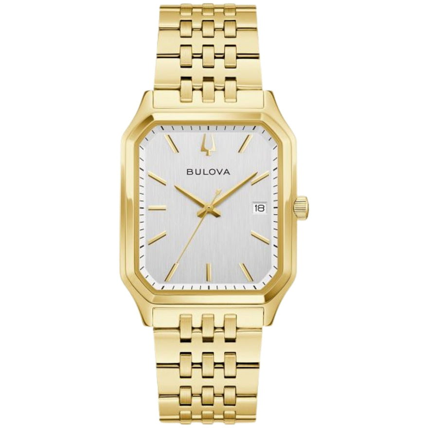 Bulova Tony Bennett Gold 97B236 analog herrklocka med silver urtavla och armband i rostfritt stål