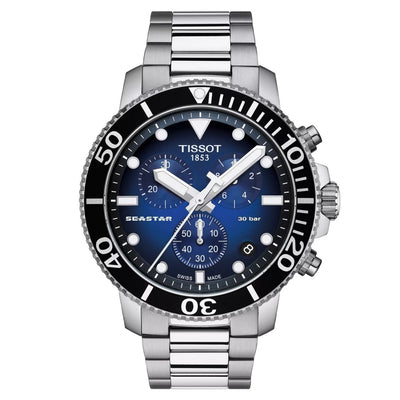 Tissot Seastar 1000 T120.417.11.041.01 analog herrklocka med blå urtavla och armband i rostfritt stål